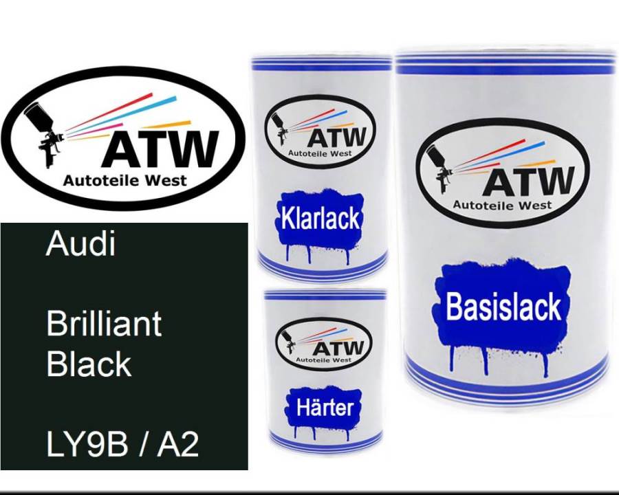 Audi, Brilliant Black, LY9B / A2: 500ml Lackdose + 500ml Klarlack + 250ml Härter - Set, von ATW Autoteile West.